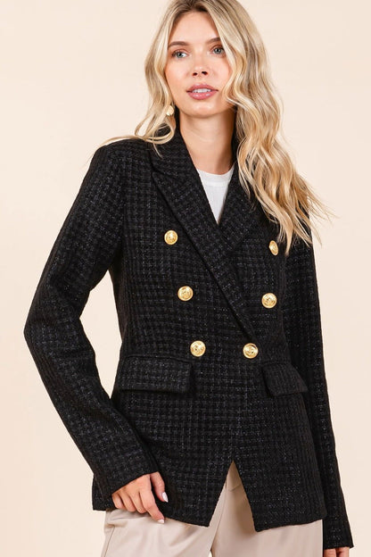 Mittoshop Plaid Texture Double-Breasted Long Sleeve Blazer us.meeeshop - Coats & Jackets