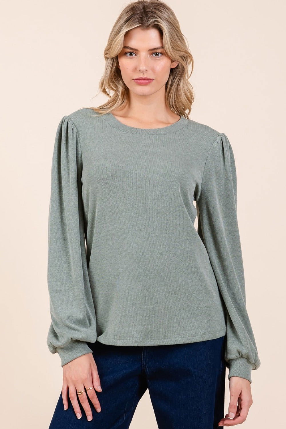 Mittoshop Round Neck Long Sleeve Rib Knit Top In Sage us.meeeshop - Shirts & Tops