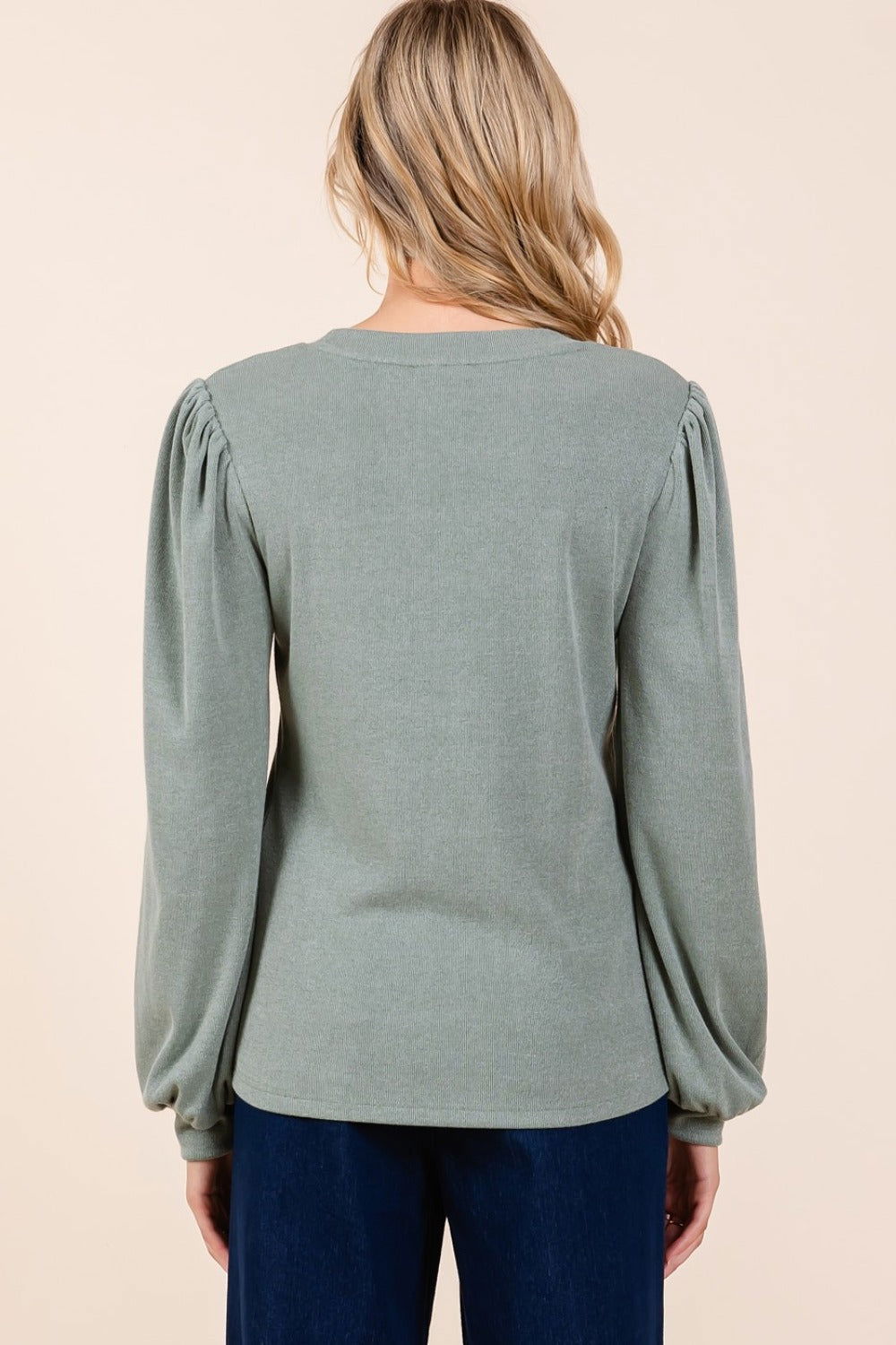 Mittoshop Round Neck Long Sleeve Rib Knit Top In Sage us.meeeshop - 