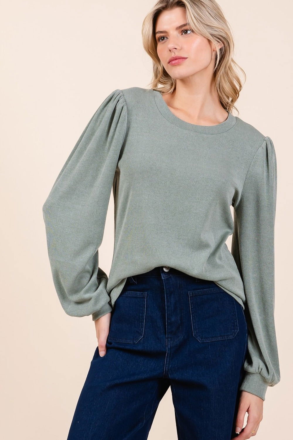 Mittoshop Round Neck Long Sleeve Rib Knit Top In Sage us.meeeshop - 