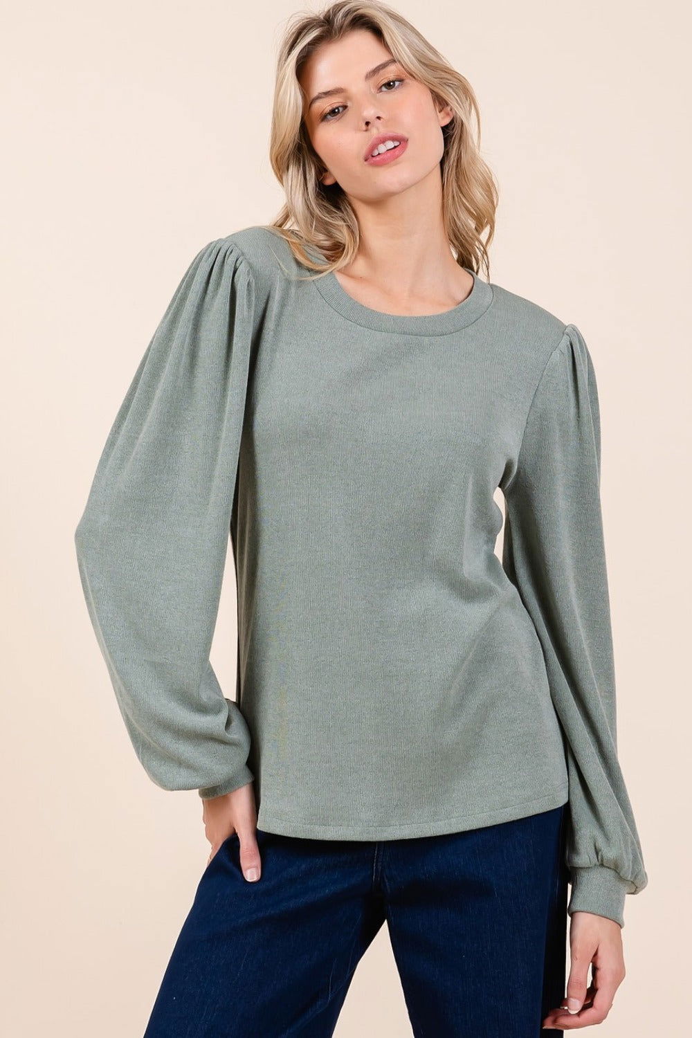 Mittoshop Round Neck Long Sleeve Rib Knit Top In Sage us.meeeshop - 