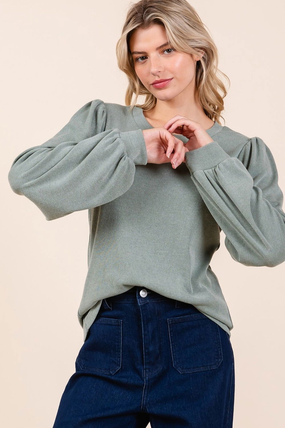 Mittoshop Round Neck Long Sleeve Rib Knit Top In Sage us.meeeshop - 