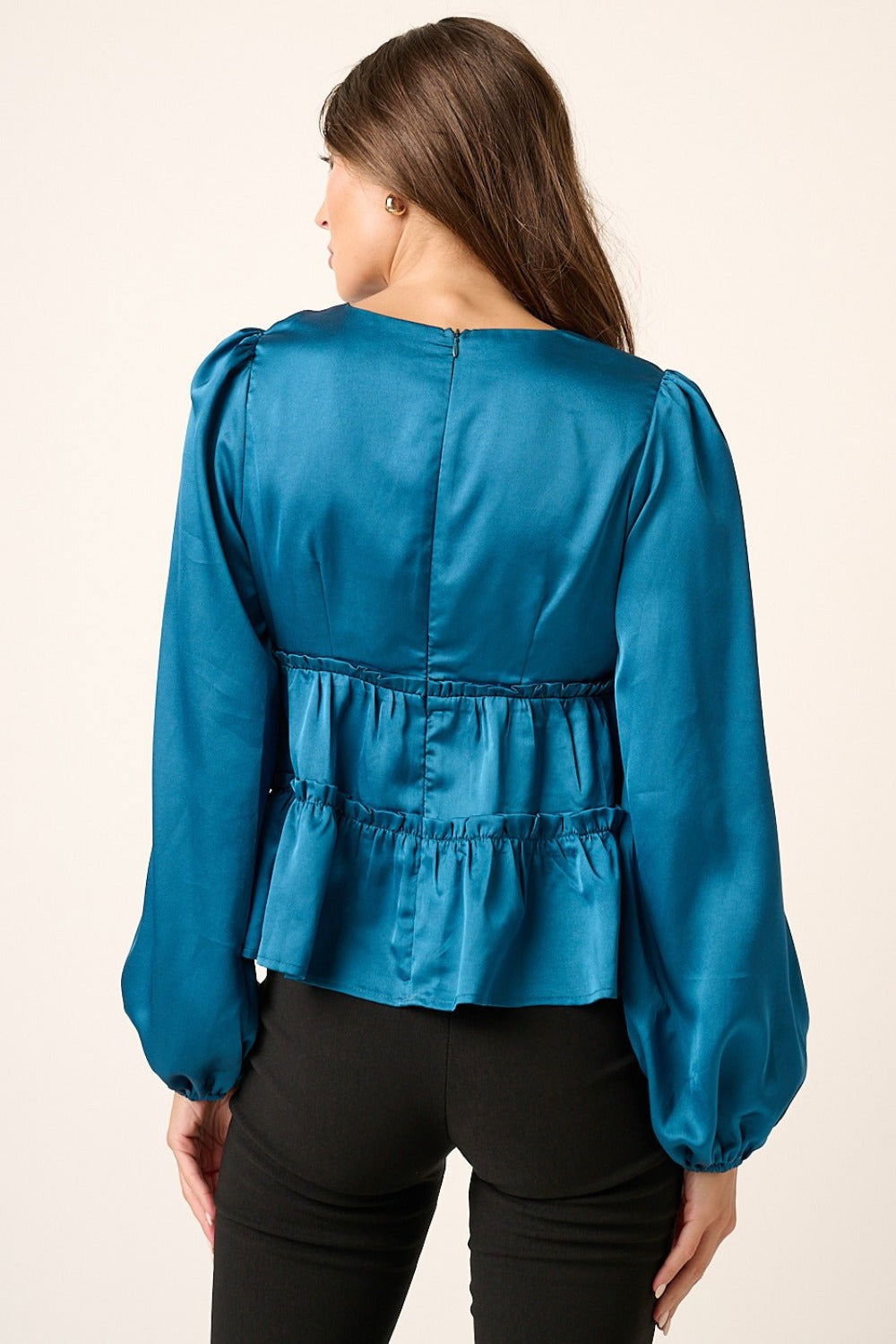 Mittoshop Satin V Neck Ruffled Tier Blouse In Teal us.meeeshop - 