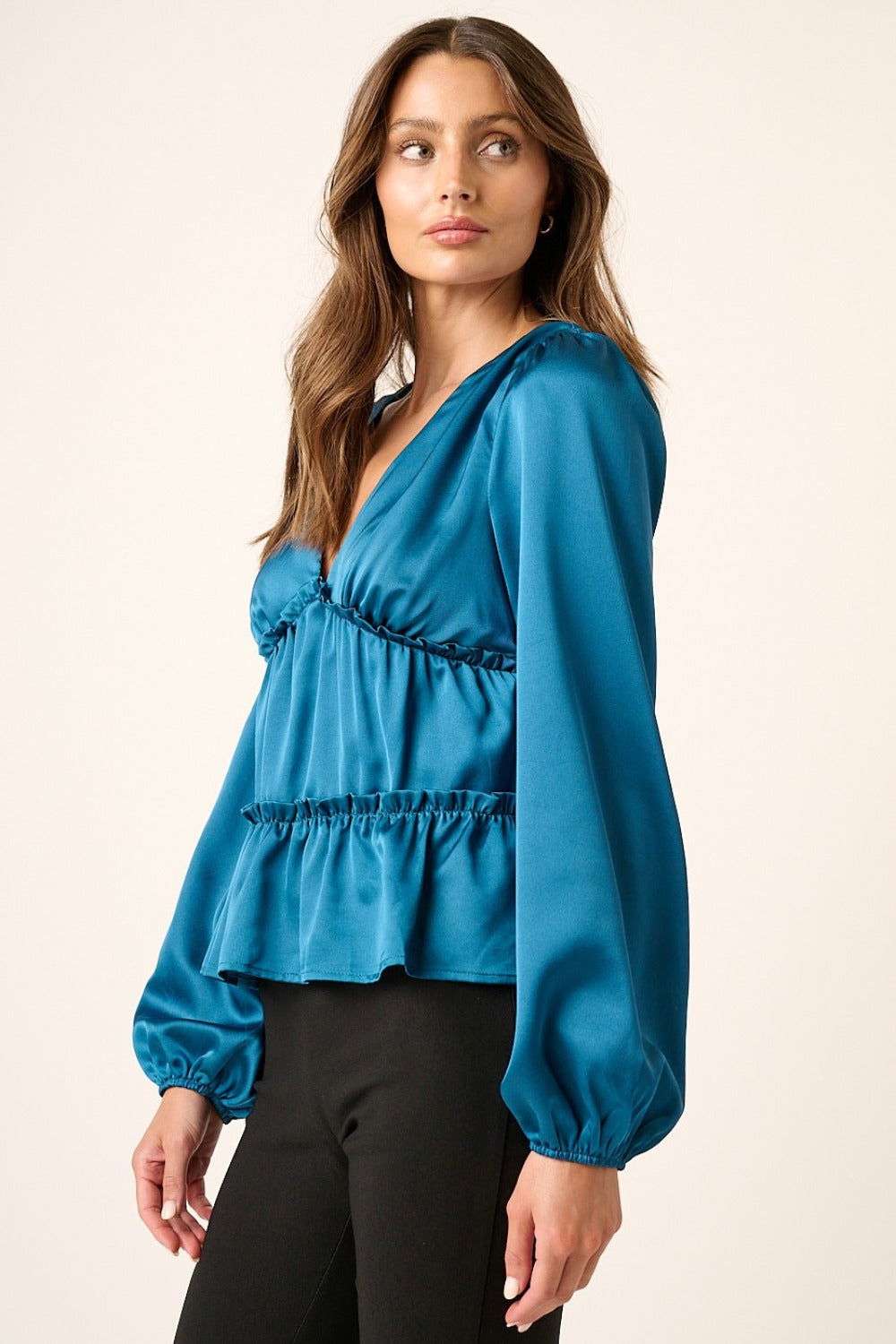 Mittoshop Satin V Neck Ruffled Tier Blouse In Teal us.meeeshop - 