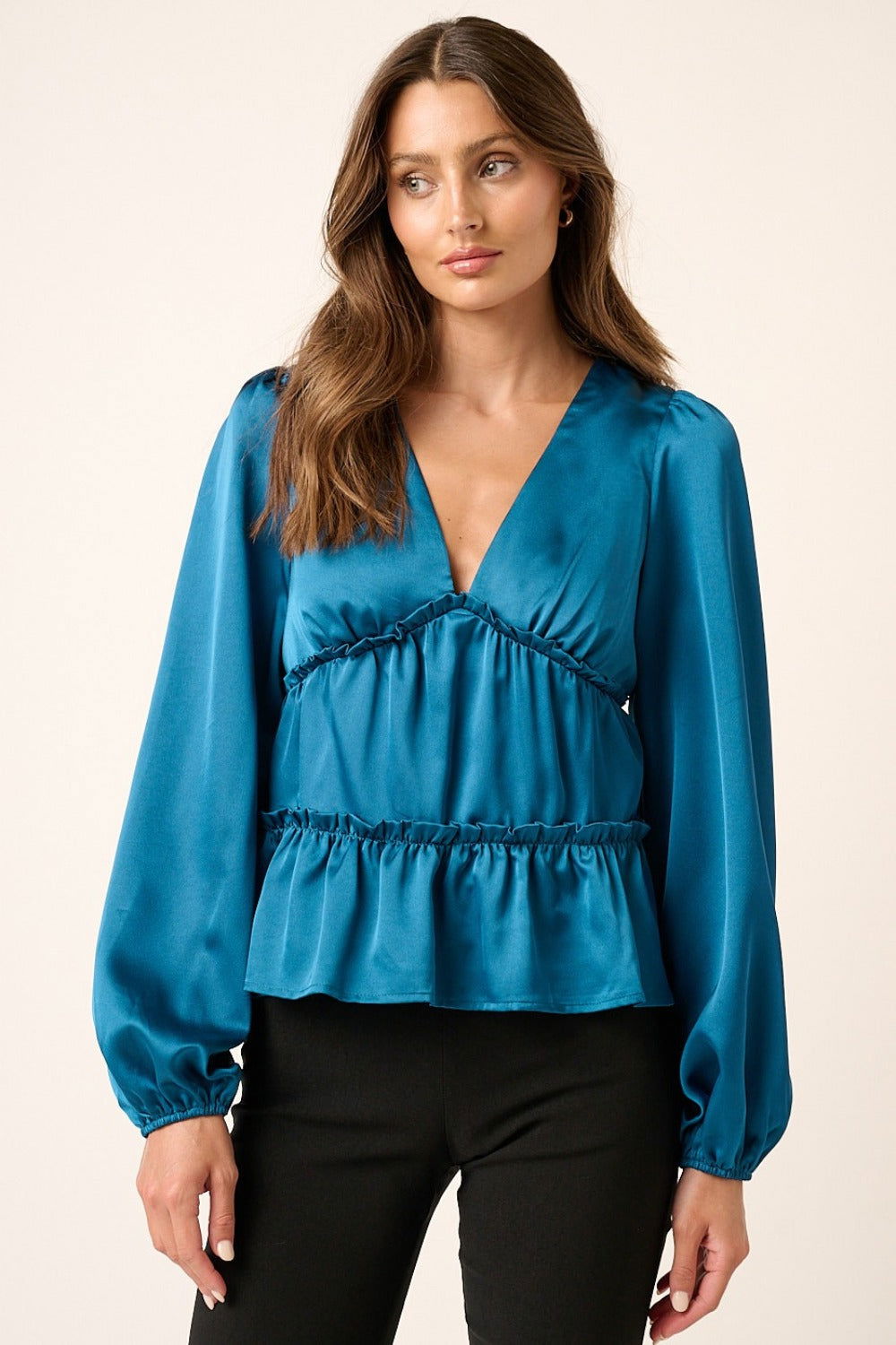 Mittoshop Satin V Neck Ruffled Tier Blouse In Teal us.meeeshop - Shirts & Tops