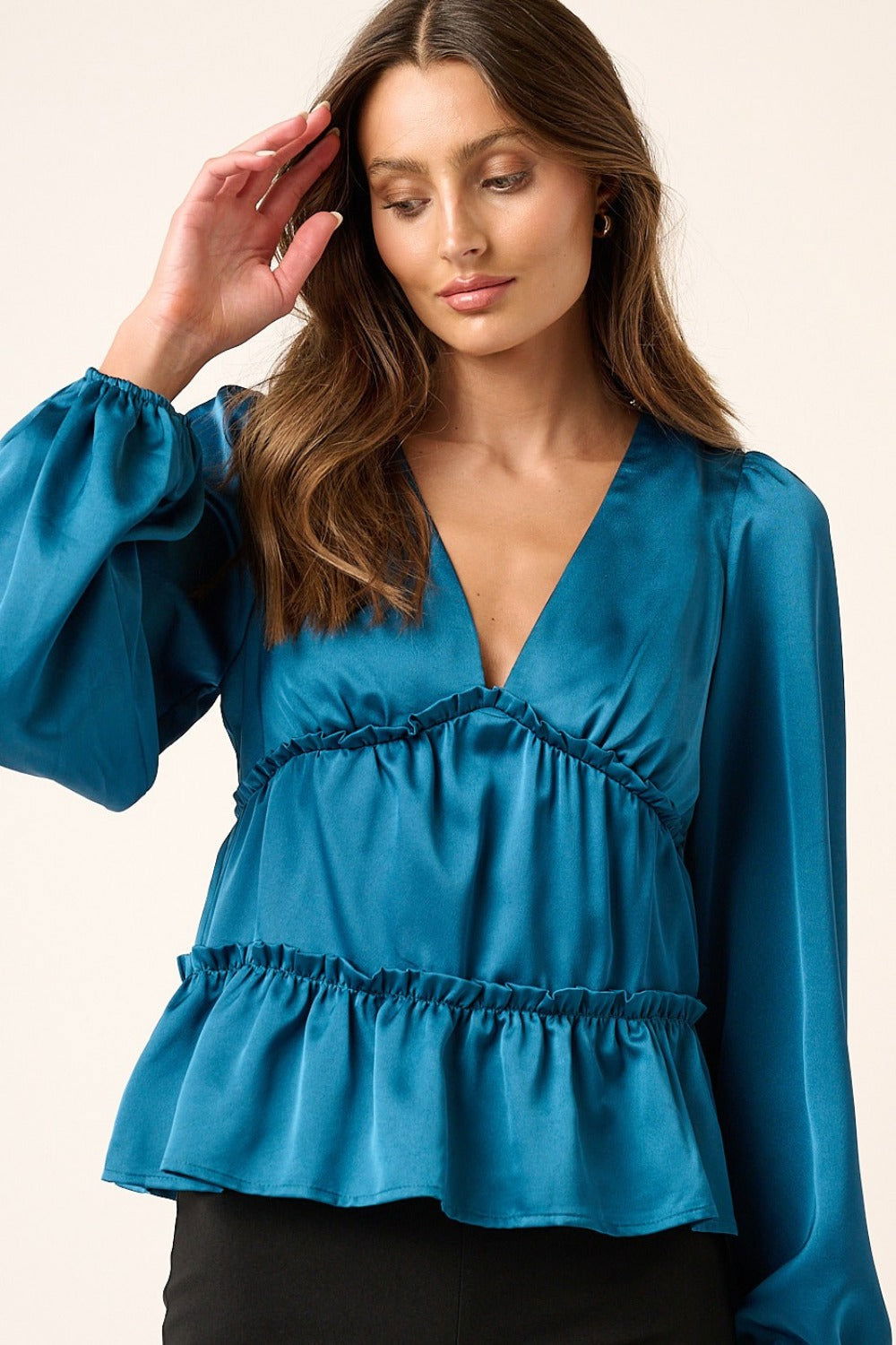 Mittoshop Satin V Neck Ruffled Tier Blouse In Teal us.meeeshop - 