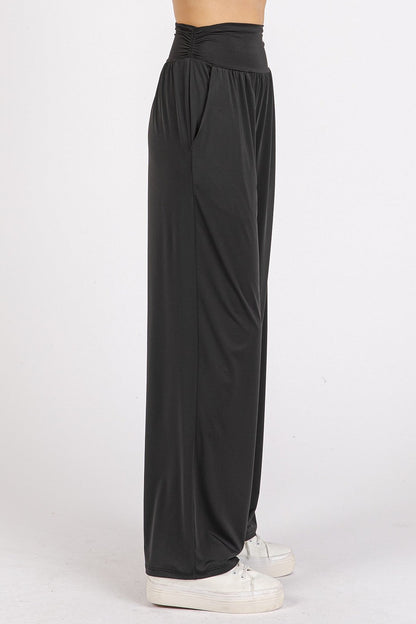 Mittoshop Stretch Banded Waist Wide Leg Pants with Pockets In Black us.meeeshop - 