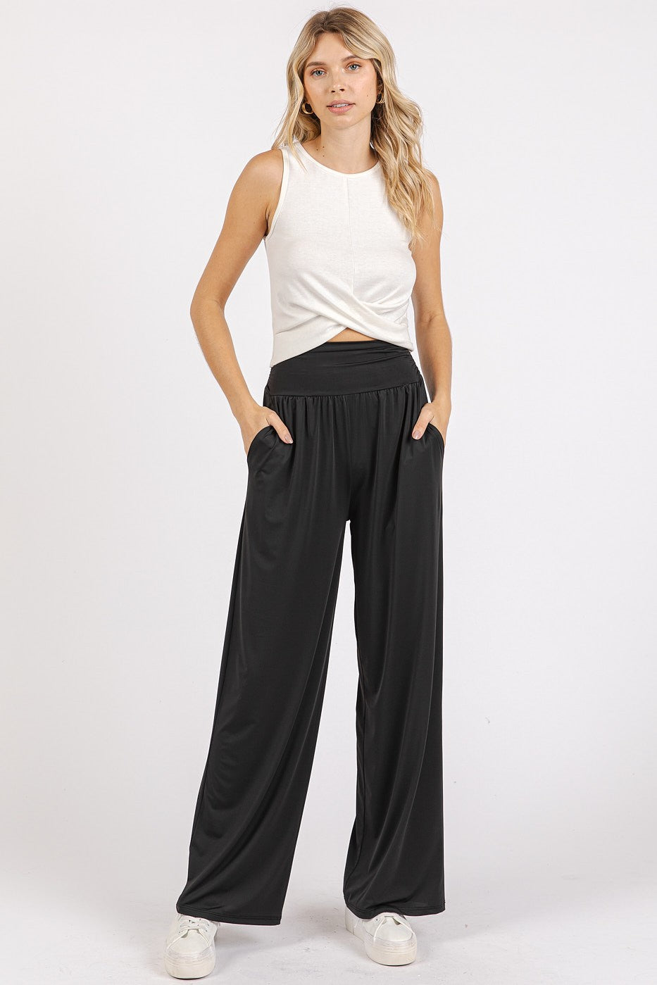 Mittoshop Stretch Banded Waist Wide Leg Pants with Pockets In Black us.meeeshop - 