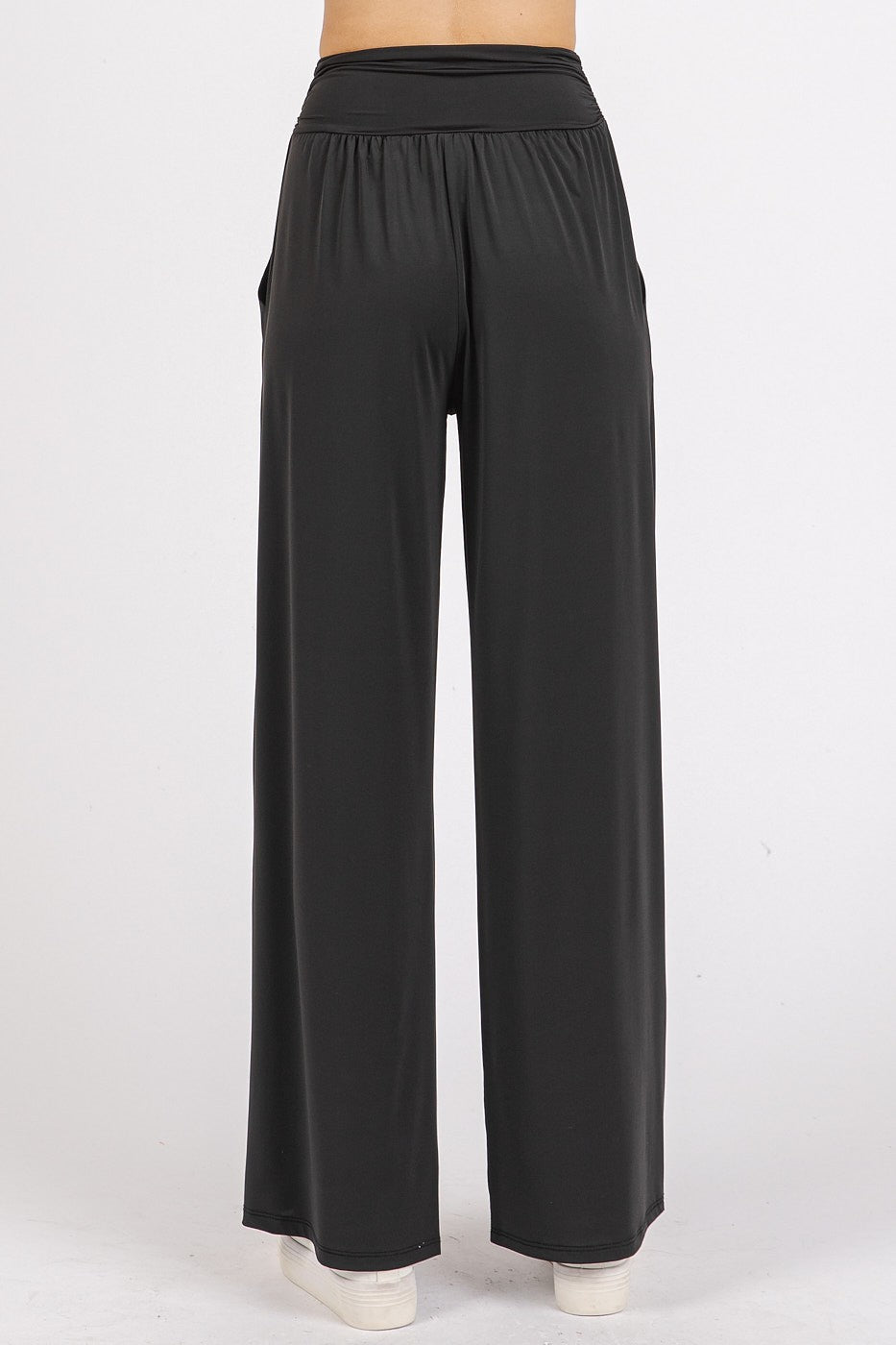 Mittoshop Stretch Banded Waist Wide Leg Pants with Pockets In Black us.meeeshop - 