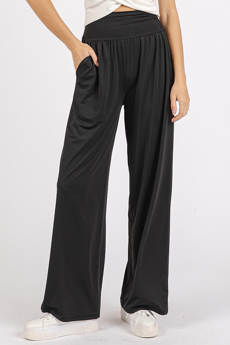 Mittoshop Stretch Banded Waist Wide Leg Pants with Pockets In Black us.meeeshop - Pants