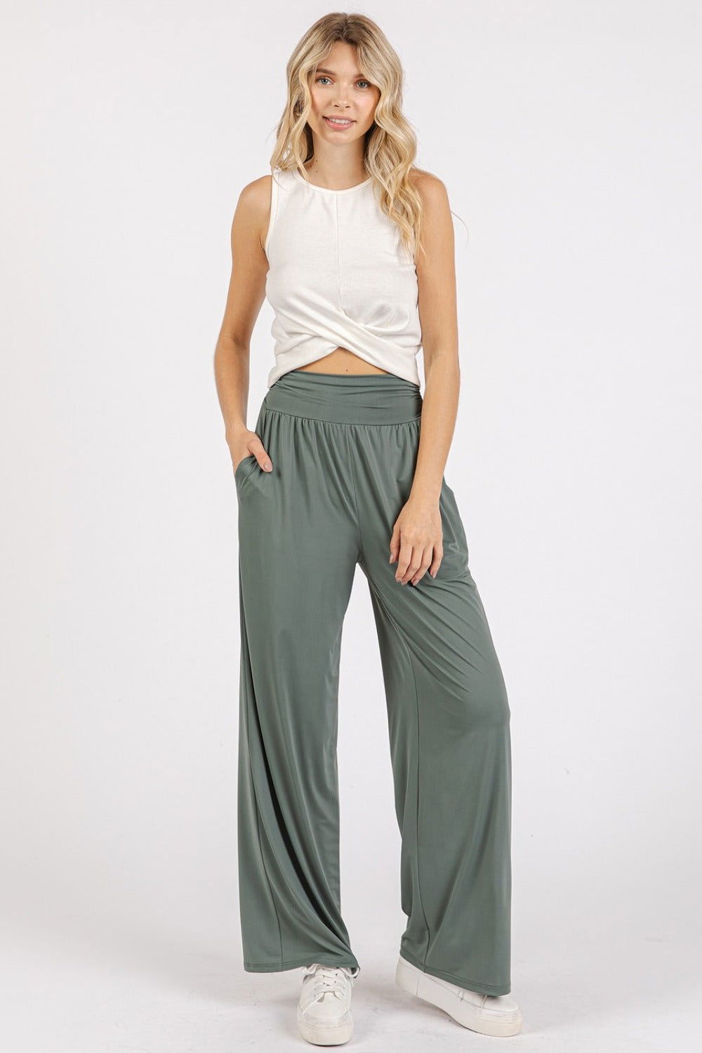 Mittoshop Stretch Banded Waist Wide Leg Pants with Pockets us.meeeshop - 