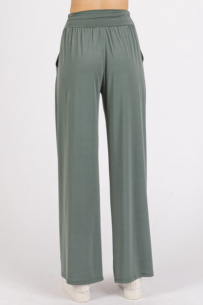 Mittoshop Stretch Banded Waist Wide Leg Pants with Pockets us.meeeshop - 