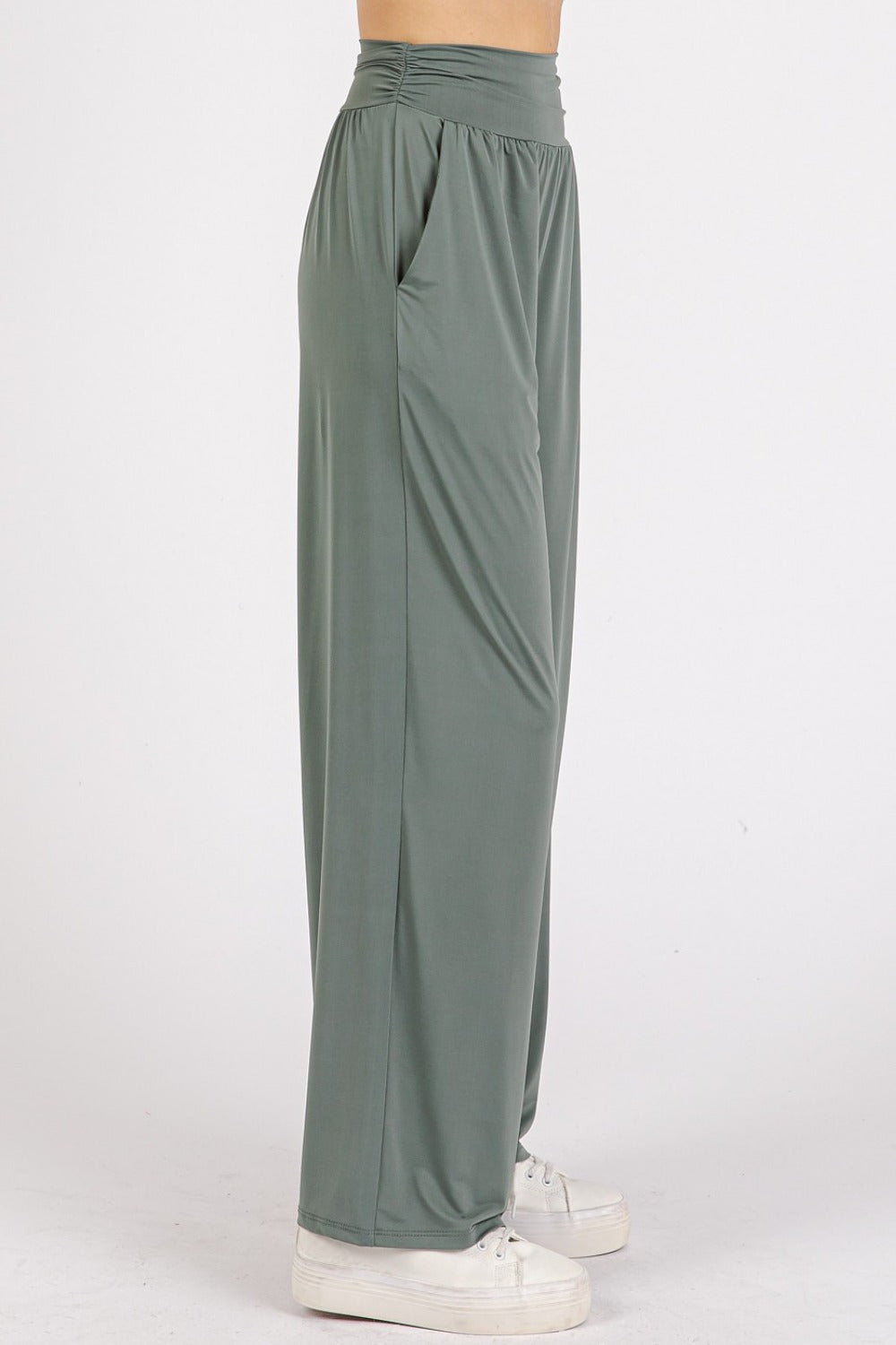 Mittoshop Stretch Banded Waist Wide Leg Pants with Pockets us.meeeshop - 