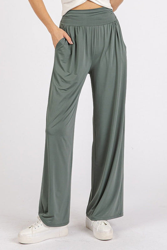 Mittoshop Stretch Banded Waist Wide Leg Pants with Pockets us.meeeshop - Pants