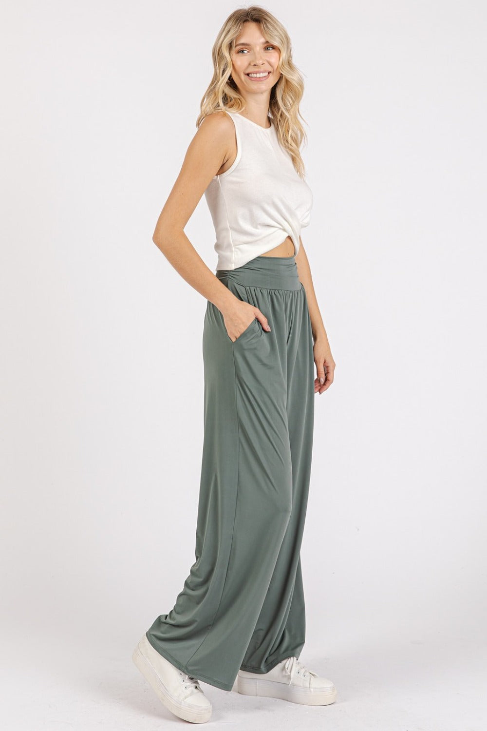 Mittoshop Stretch Banded Waist Wide Leg Pants with Pockets us.meeeshop - 