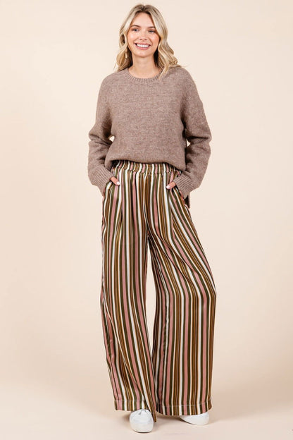 Mittoshop Striped Satin Elastic Waist Wide Leg Pants us.meeeshop - Pants