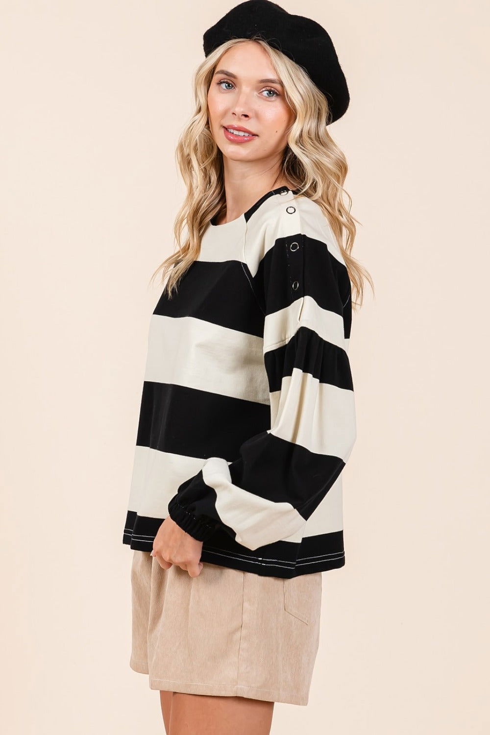 Mittoshop Striped Snap Shoulder Long Sleeve T-Shirt us.meeeshop - 