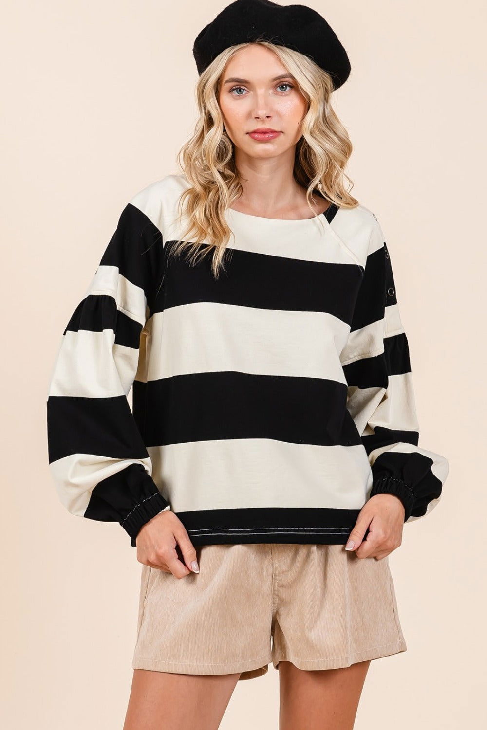 Mittoshop Striped Snap Shoulder Long Sleeve T-Shirt us.meeeshop - Shirts & Tops