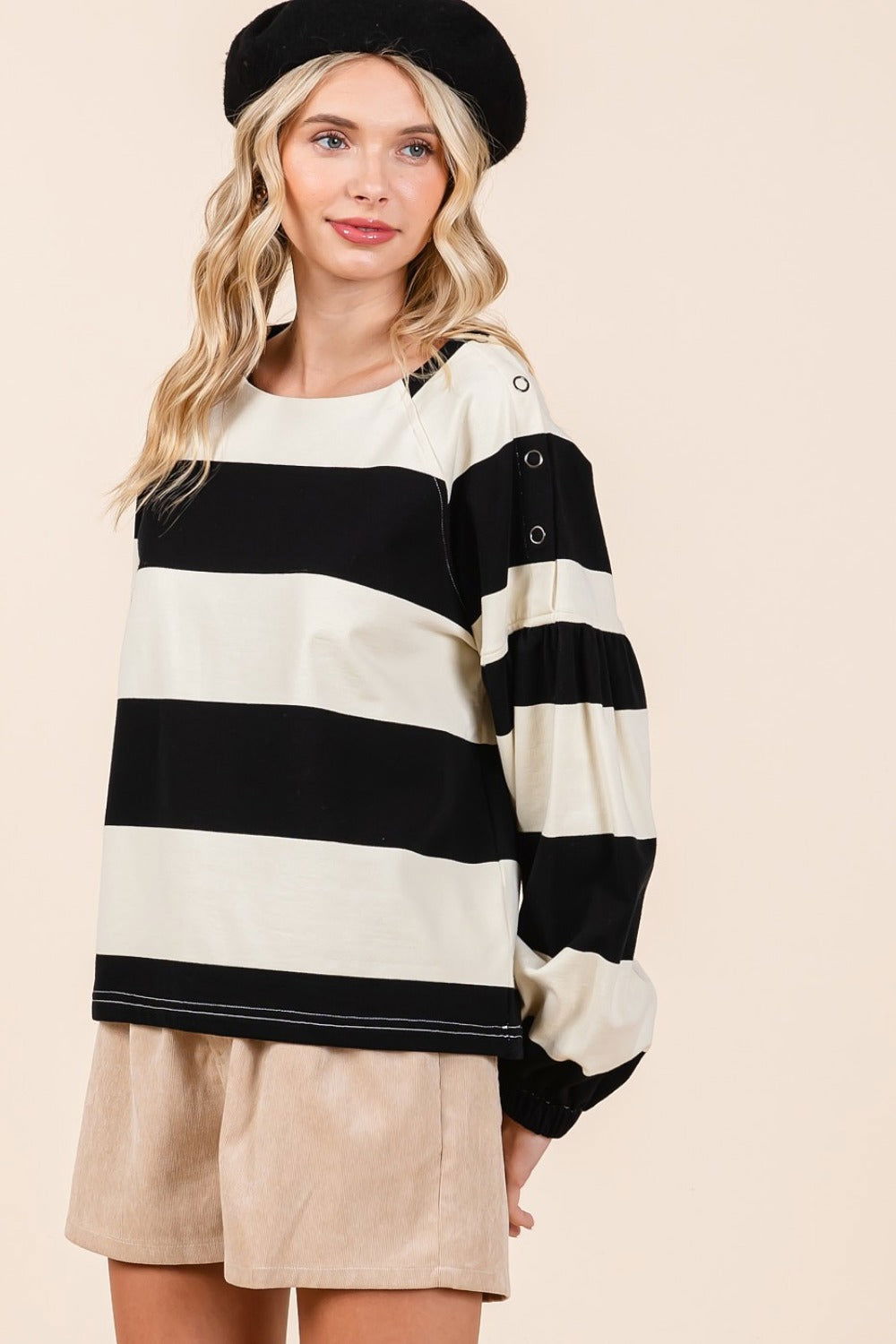 Mittoshop Striped Snap Shoulder Long Sleeve T-Shirt us.meeeshop - 