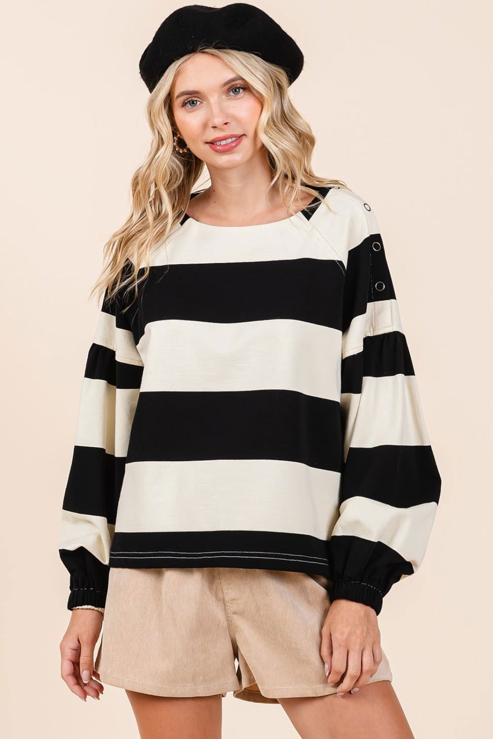 Mittoshop Striped Snap Shoulder Long Sleeve T-Shirt us.meeeshop - 