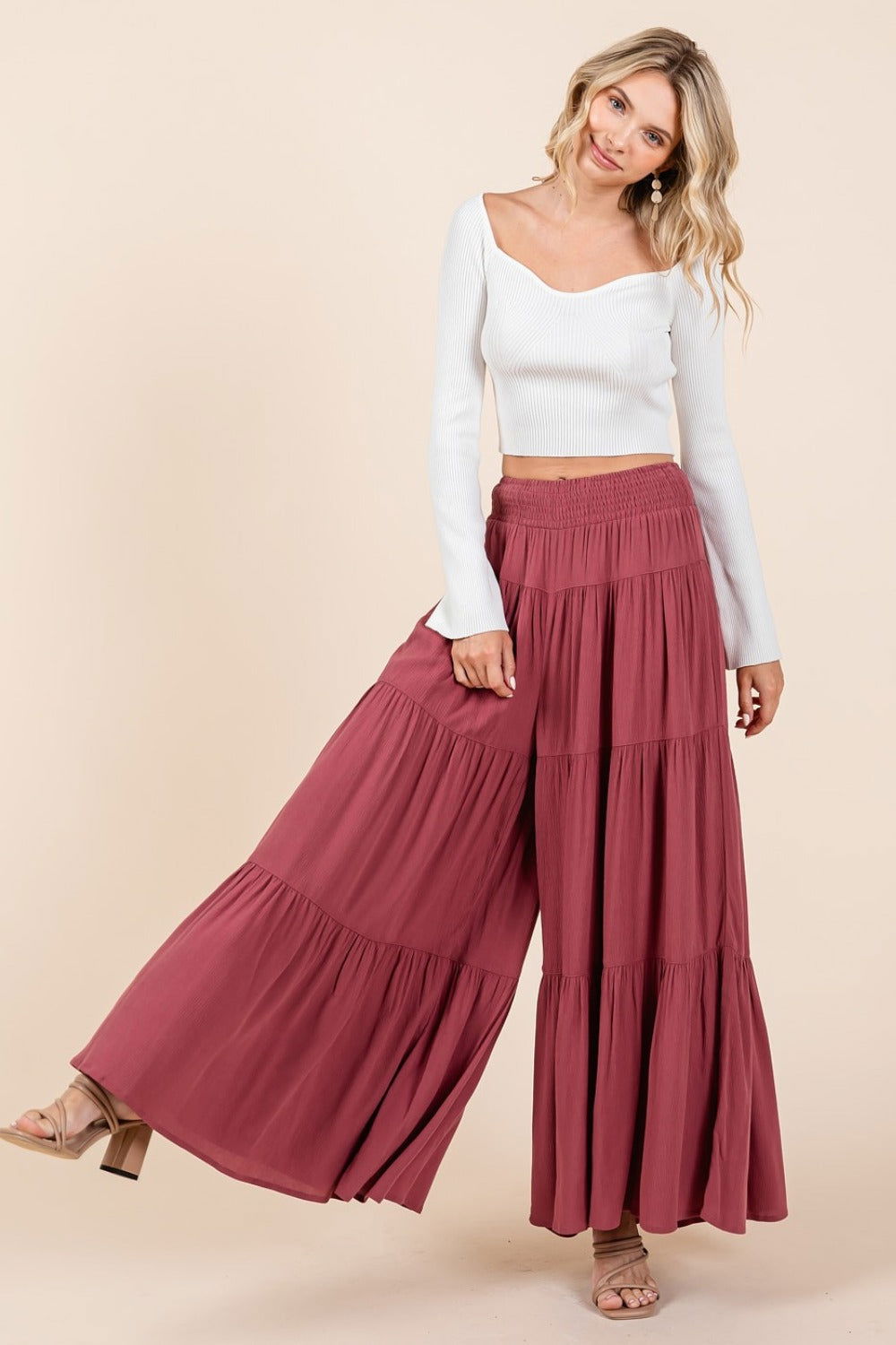 Mittoshop Tier Smocked Elastic Waist Wide Leg Pants In Sienna us.meeeshop - Pants