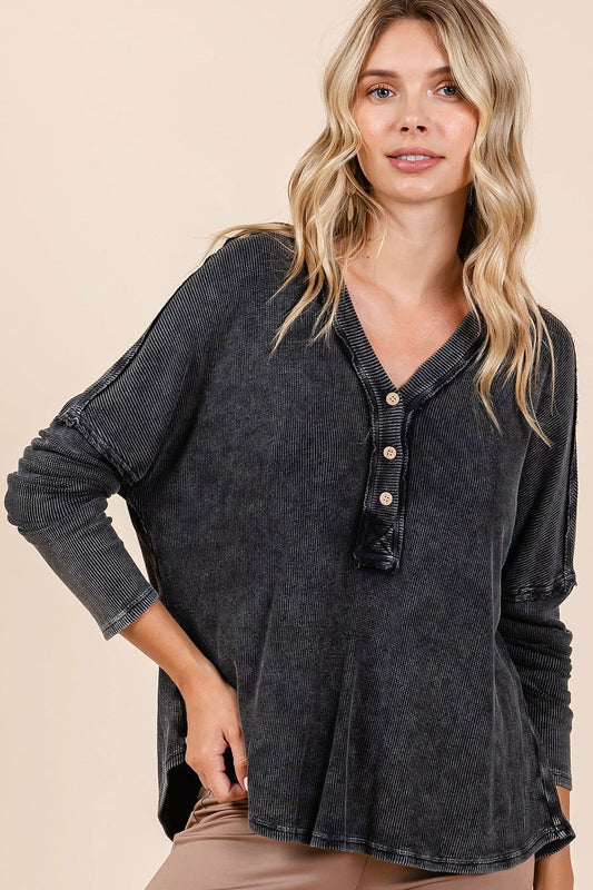 Mittoshop Washed V-Neck Long Sleeve Blouse us.meeeshop - Shirts & Tops