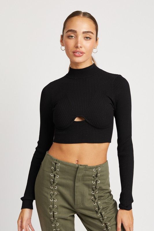 Mock Neck Crop Top With Cut Out us.meeeshop - Shirts & Tops