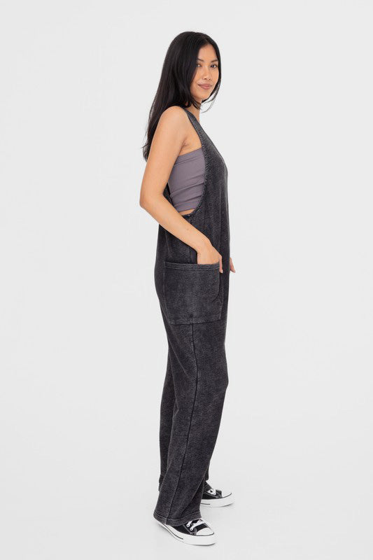 Mono B Mineral-Washed V Neck Overalls with Pockets us.meeeshop - 