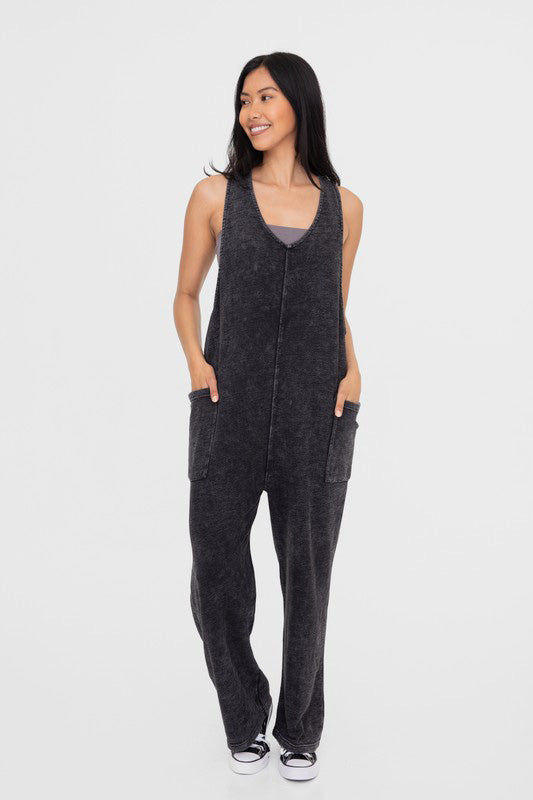 Mono B Mineral-Washed V Neck Overalls with Pockets us.meeeshop - Jumpsuits & Rompers