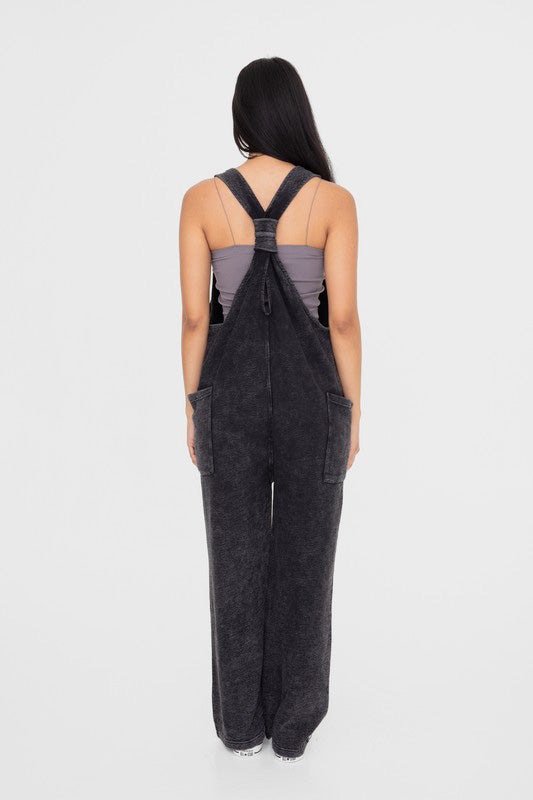 Mono B Mineral-Washed V Neck Overalls with Pockets us.meeeshop - 