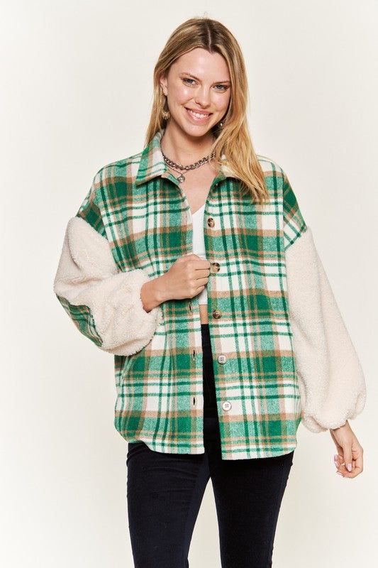 Multi plaid fuzzy sleeve jacket PLUS us.meeeshop - 