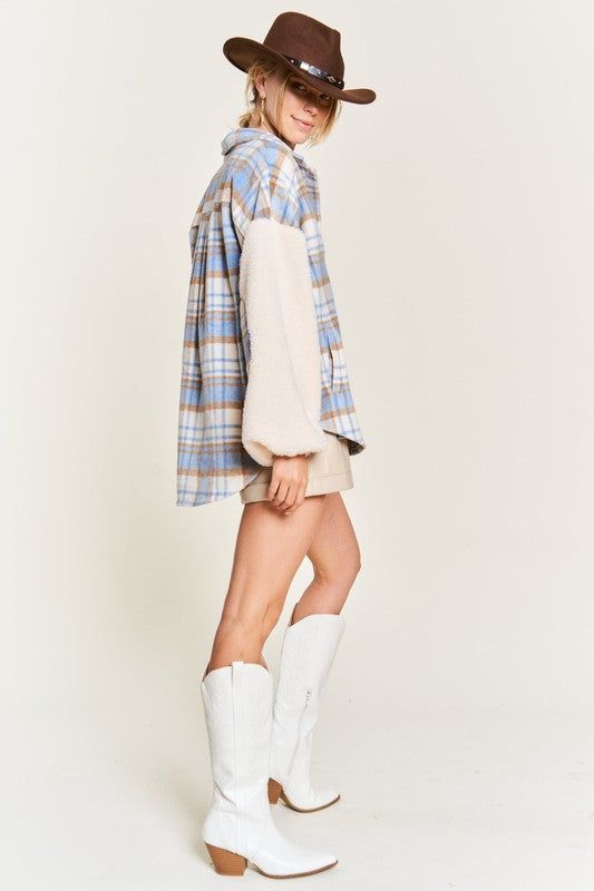 Multi plaid fuzzy sleeve jacket PLUS us.meeeshop - 