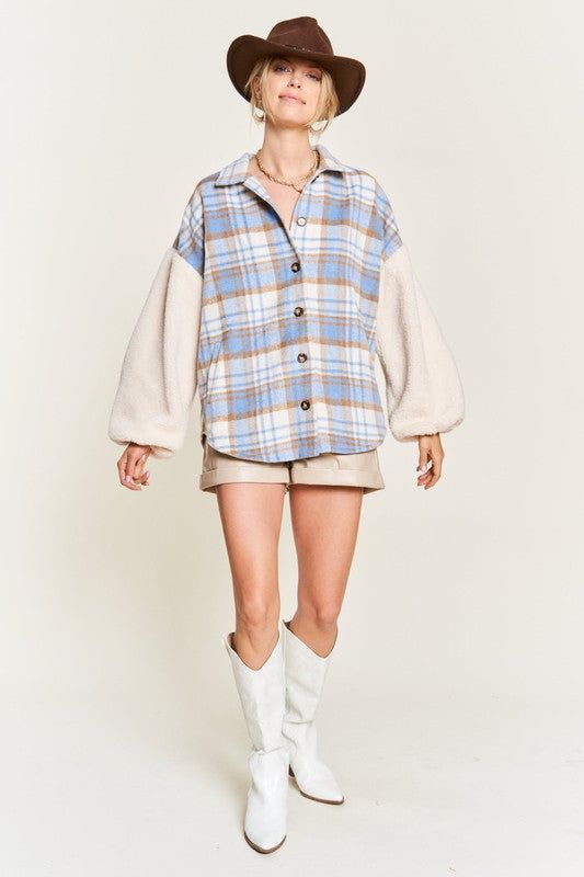 Multi plaid fuzzy sleeve jacket PLUS us.meeeshop - 