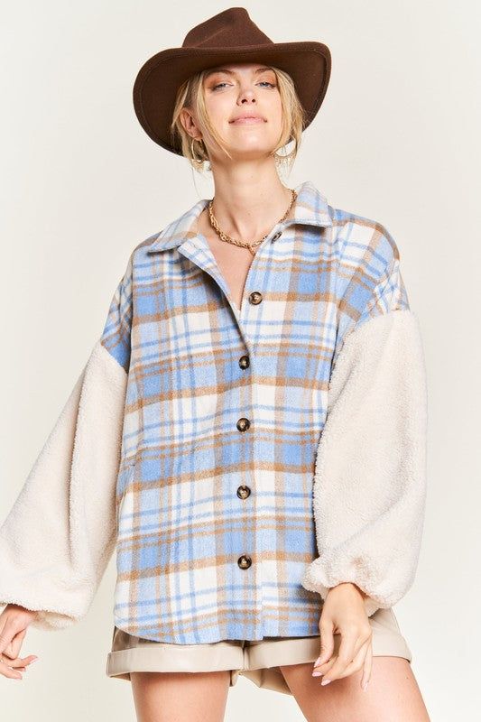 Multi plaid fuzzy sleeve jacket PLUS us.meeeshop - Coats & Jackets