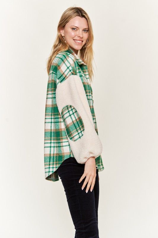 Multi plaid fuzzy sleeve jacket PLUS us.meeeshop - 