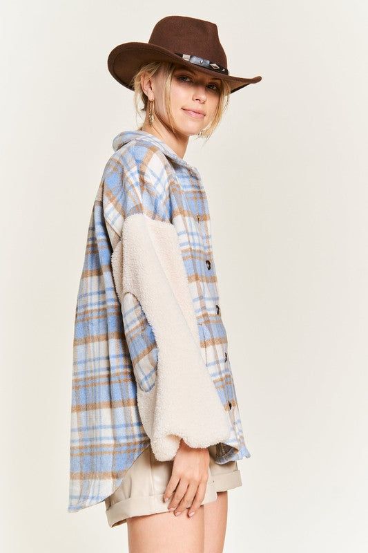 Multi plaid fuzzy sleeve jacket PLUS us.meeeshop - 