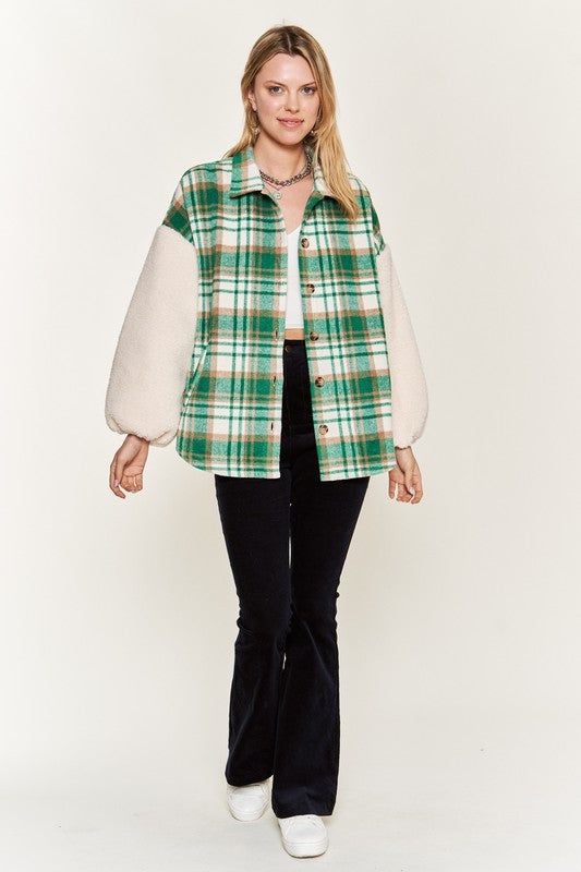 Multi plaid fuzzy sleeve jacket PLUS us.meeeshop - 