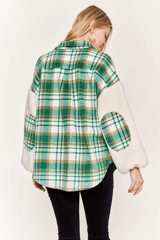 Multi plaid fuzzy sleeve jacket PLUS us.meeeshop - 