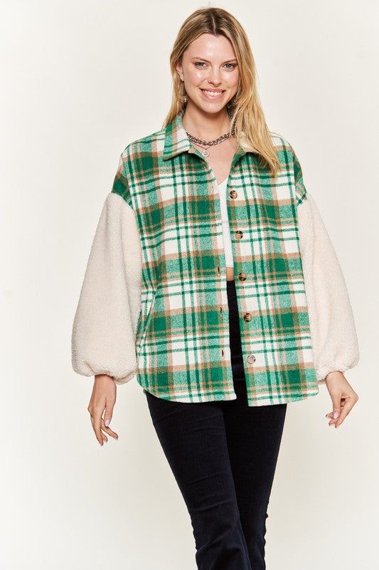 Multi plaid fuzzy sleeve jacket PLUS us.meeeshop - 