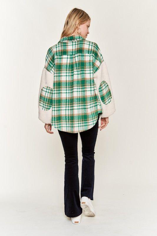 Multi plaid fuzzy sleeve jacket PLUS us.meeeshop - 