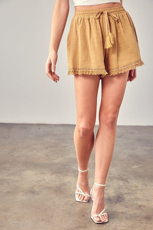 Mustard Seed | Fringe Trim Hem Shorts us.meeeshop - 