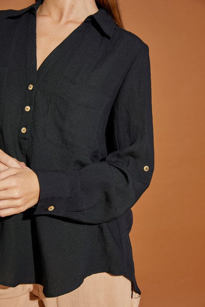 Mustard Seed | V Neck Button Down Henley Shirt In Black | us.meeeshop