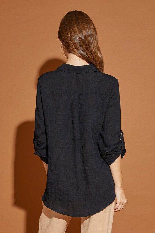 Mustard Seed | V Neck Button Down Henley Shirt In Black - us.meeeshop