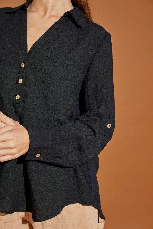 Mustard Seed | V Neck Button Down Henley Shirt In Black - us.meeeshop