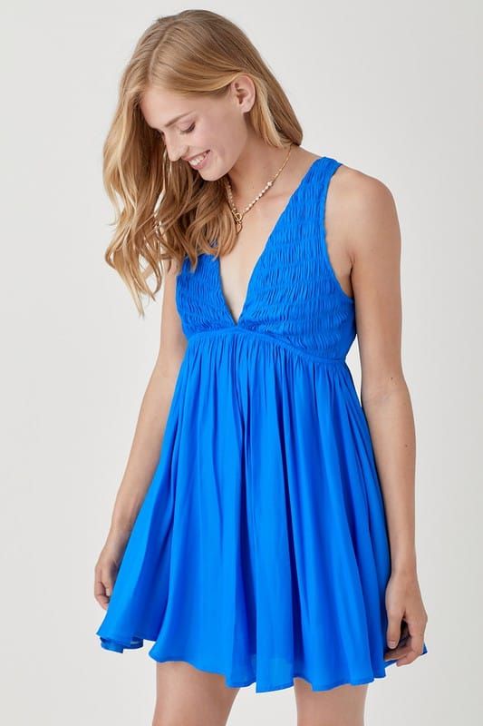 Mustard Seed V Neck Smock Sleeveless Dress in Blue us.meeeshop - Dresses