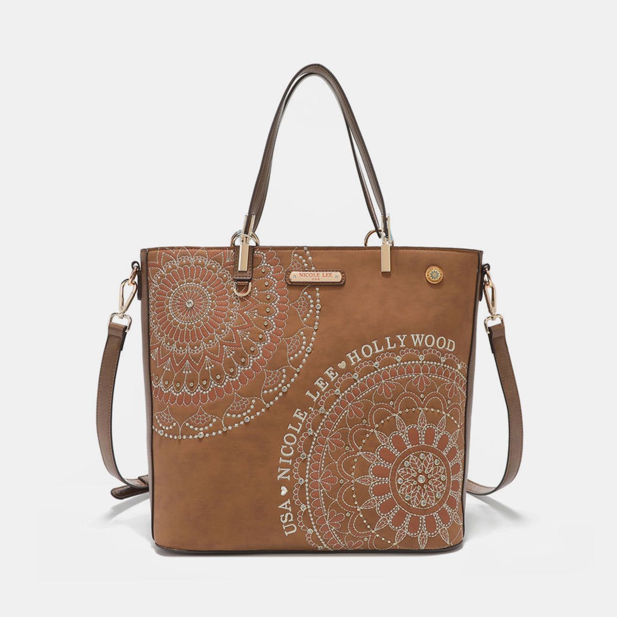 Nicole Lee USA Metallic Stitching Embroidery Inlaid Rhinestone Tote Bag us.meeeshop - 