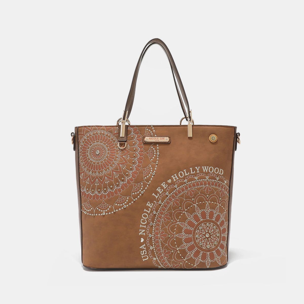 Nicole Lee USA Metallic Stitching Embroidery Inlaid Rhinestone Tote Bag us.meeeshop - Handbags