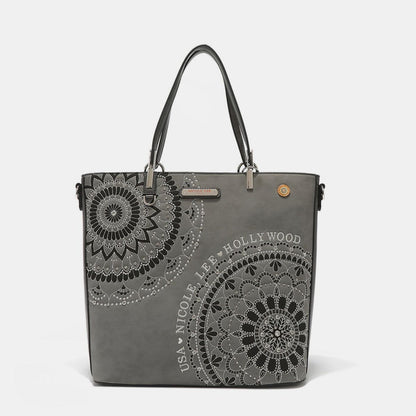 Nicole Lee USA Metallic Stitching Embroidery Inlaid Rhinestone Tote Bag us.meeeshop - 