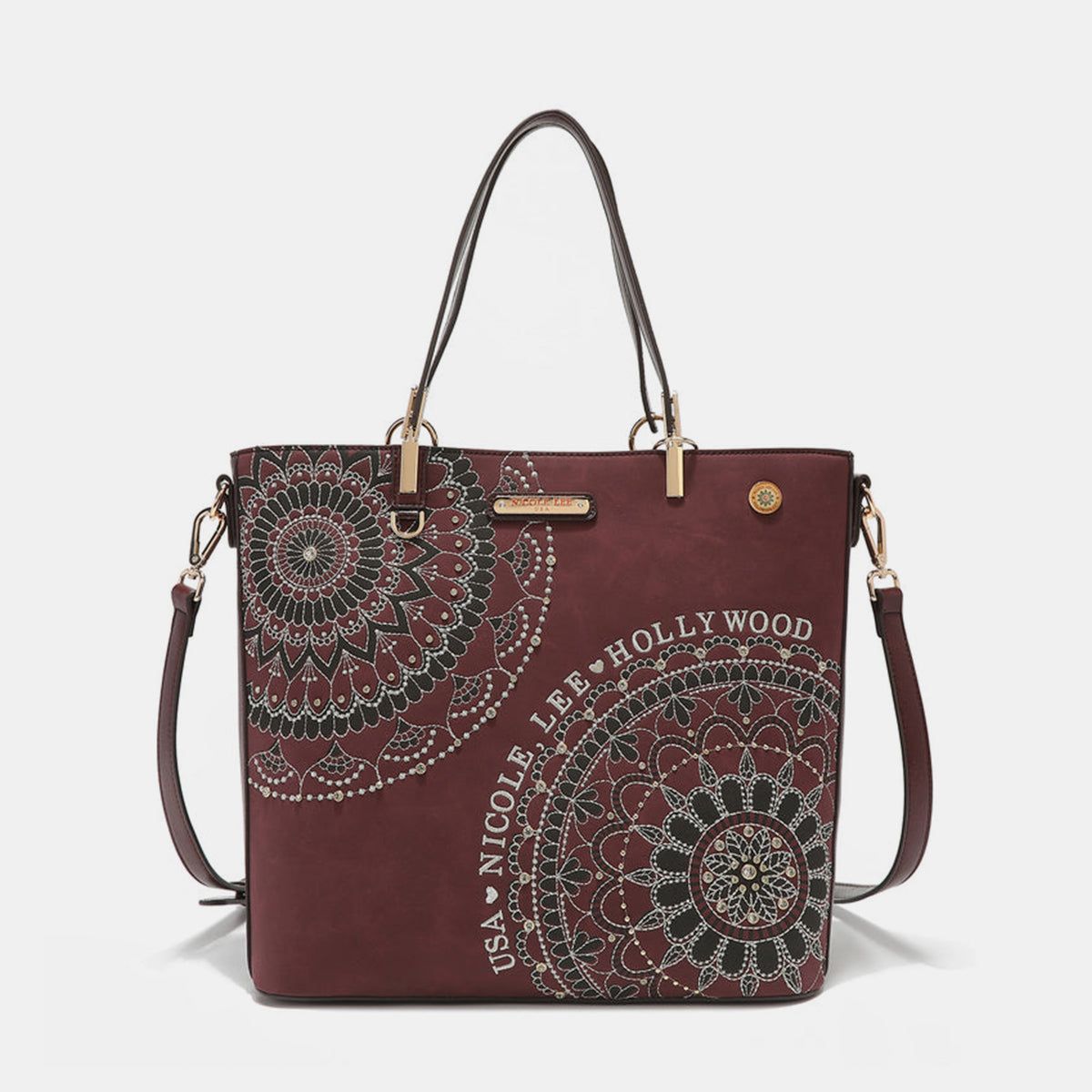 Nicole Lee USA Metallic Stitching Embroidery Inlaid Rhinestone Tote Bag us.meeeshop - 