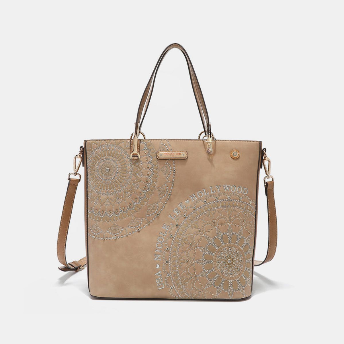 Nicole Lee USA Metallic Stitching Embroidery Inlaid Rhinestone Tote Bag us.meeeshop - 